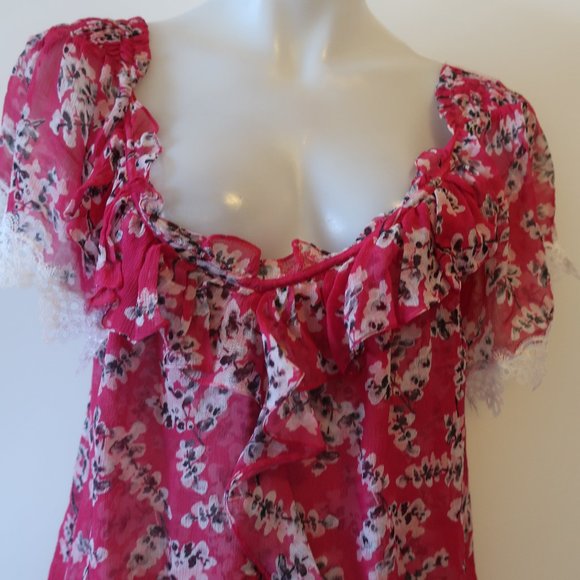 TRY B PINK WHITE FLORAL LACE SILK TOP XS * - Picture 3 of 6